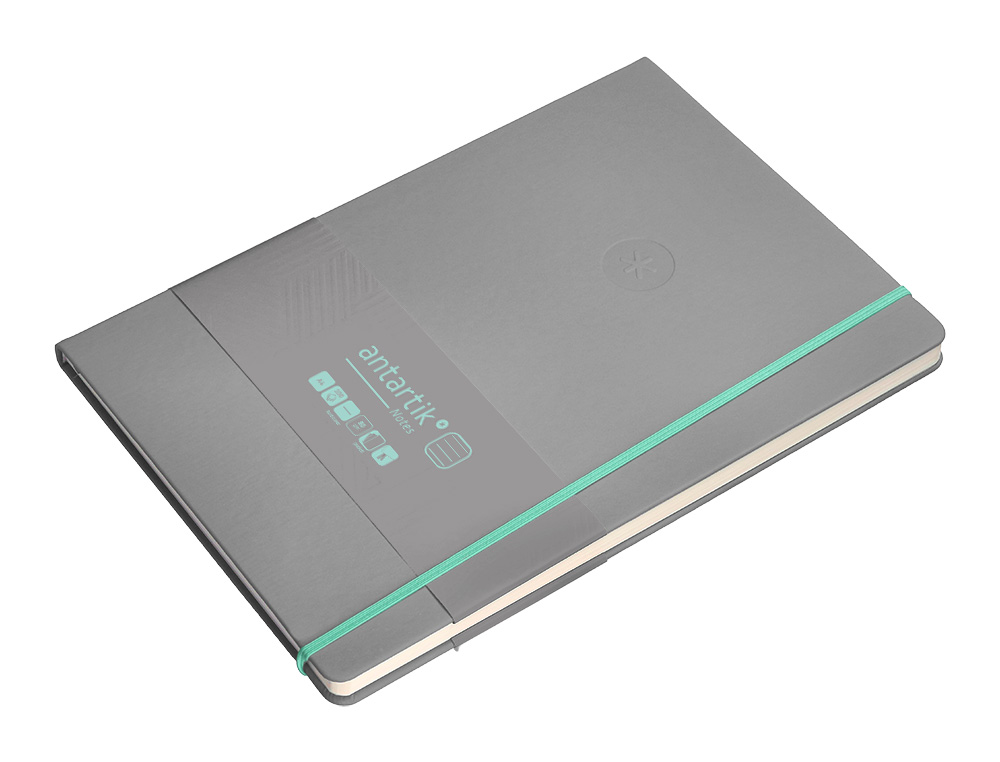 CUADERNO CON GOMILLA ANTARTIK NOTES TAPA DURA A4 HOJAS RAYAS GRIS Y TURQUESA 100 HOJAS 80 GR FSC