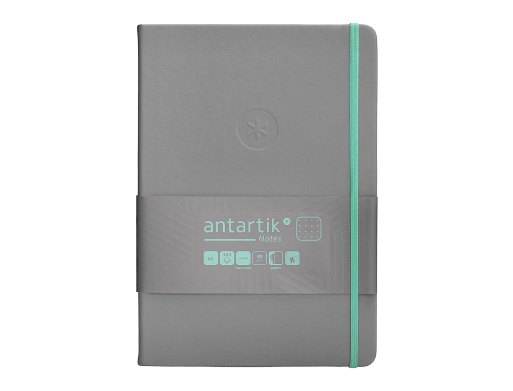 CUADERNO CON GOMILLA ANTARTIK NOTES TAPA DURA A5 HOJAS PUNTOS GRIS Y TURQUESA 100 HOJAS 80 GR FSC