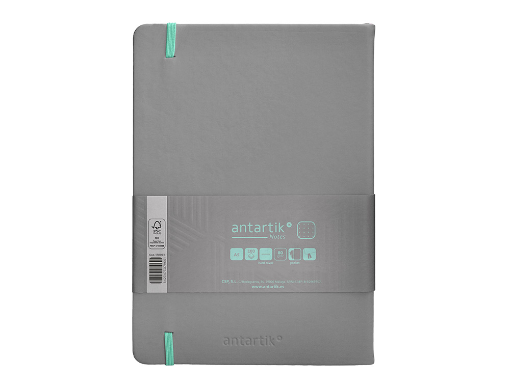 CUADERNO CON GOMILLA ANTARTIK NOTES TAPA DURA A5 HOJAS PUNTOS GRIS Y TURQUESA 100 HOJAS 80 GR FSC