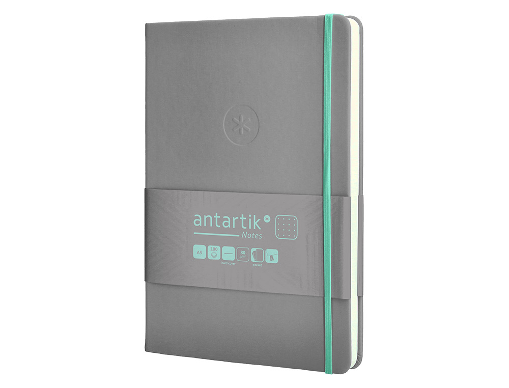 CUADERNO CON GOMILLA ANTARTIK NOTES TAPA DURA A5 HOJAS PUNTOS GRIS Y TURQUESA 100 HOJAS 80 GR FSC