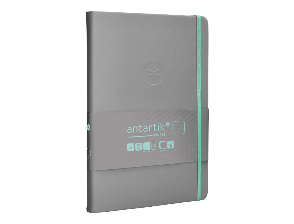 CUADERNO CON GOMILLA ANTARTIK NOTES TAPA DURA A5 HOJAS PUNTOS GRIS Y TURQUESA 100 HOJAS 80 GR FSC