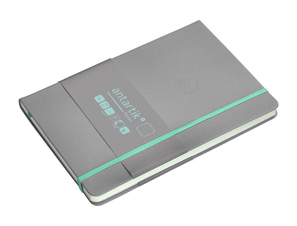 CUADERNO CON GOMILLA ANTARTIK NOTES TAPA DURA A5 HOJAS PUNTOS GRIS Y TURQUESA 100 HOJAS 80 GR FSC