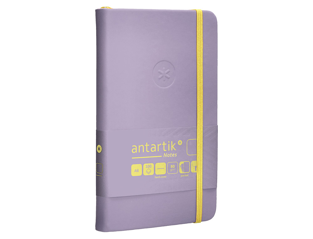 CUADERNO CON GOMILLA ANTARTIK NOTES TAPA DURA A6 HOJAS LISAS MORADO Y AMARILLO 100 HOJAS 80 GR FSC