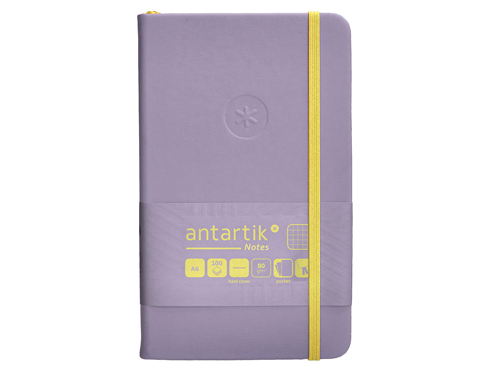 CUADERNO CON GOMILLA ANTARTIK NOTES TAPA DURA A6 HOJAS CUADRICULA MORADO Y AMARILLO 100 HOJAS 80 GR FSC