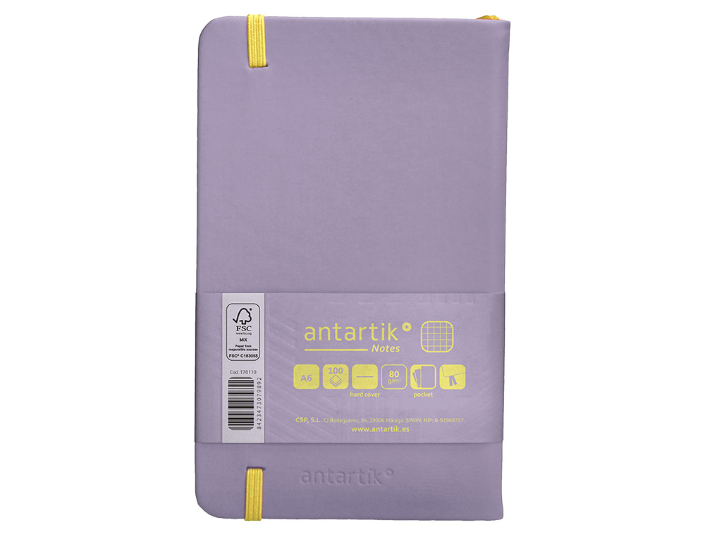 CUADERNO CON GOMILLA ANTARTIK NOTES TAPA DURA A6 HOJAS CUADRICULA MORADO Y AMARILLO 100 HOJAS 80 GR FSC