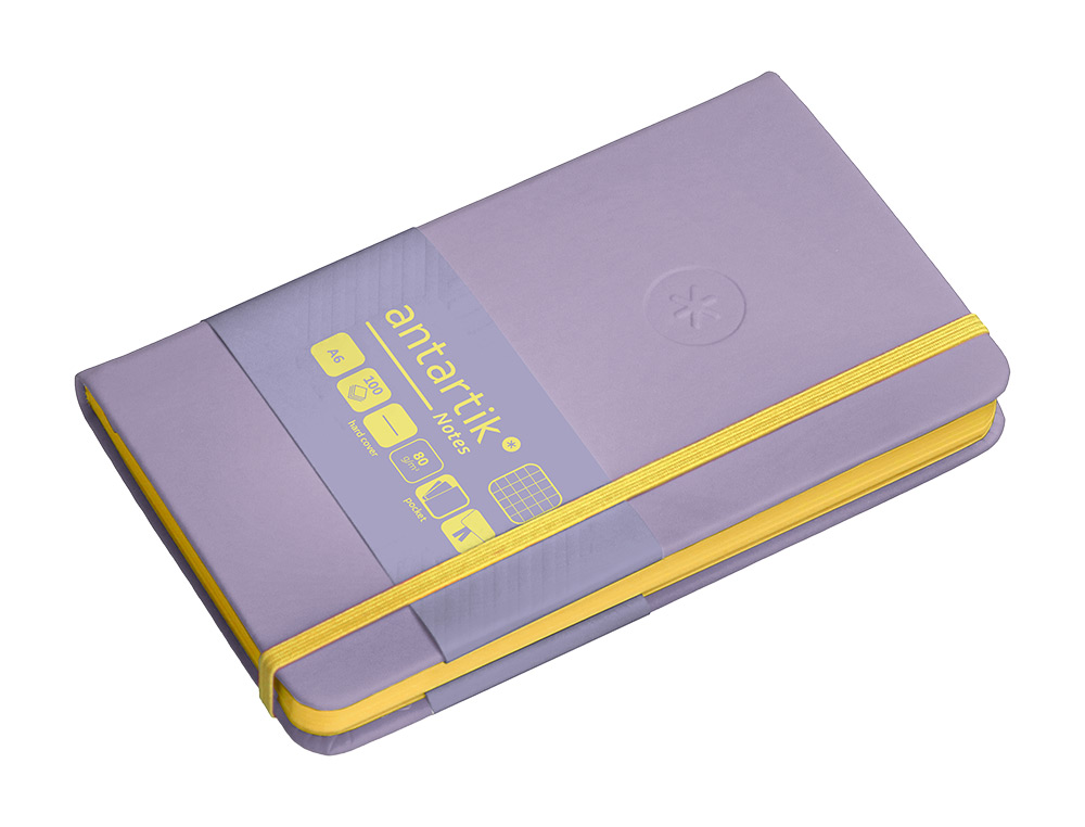 CUADERNO CON GOMILLA ANTARTIK NOTES TAPA DURA A6 HOJAS CUADRICULA MORADO Y AMARILLO 100 HOJAS 80 GR FSC
