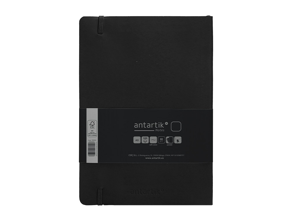 CUADERNO CON GOMILLA ANTARTIK NOTES TAPA BLANDA A5 HOJAS LISAS NEGRO 80 HOJAS 80 GR FSC