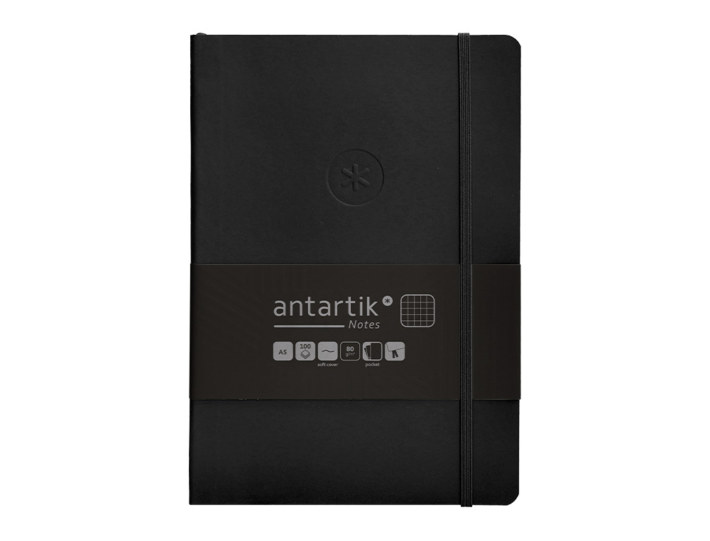 CUADERNO CON GOMILLA ANTARTIK NOTES TAPA BLANDA A5 HOJAS CUADRICULA NEGRO 80 HOJAS 80 GR FSC