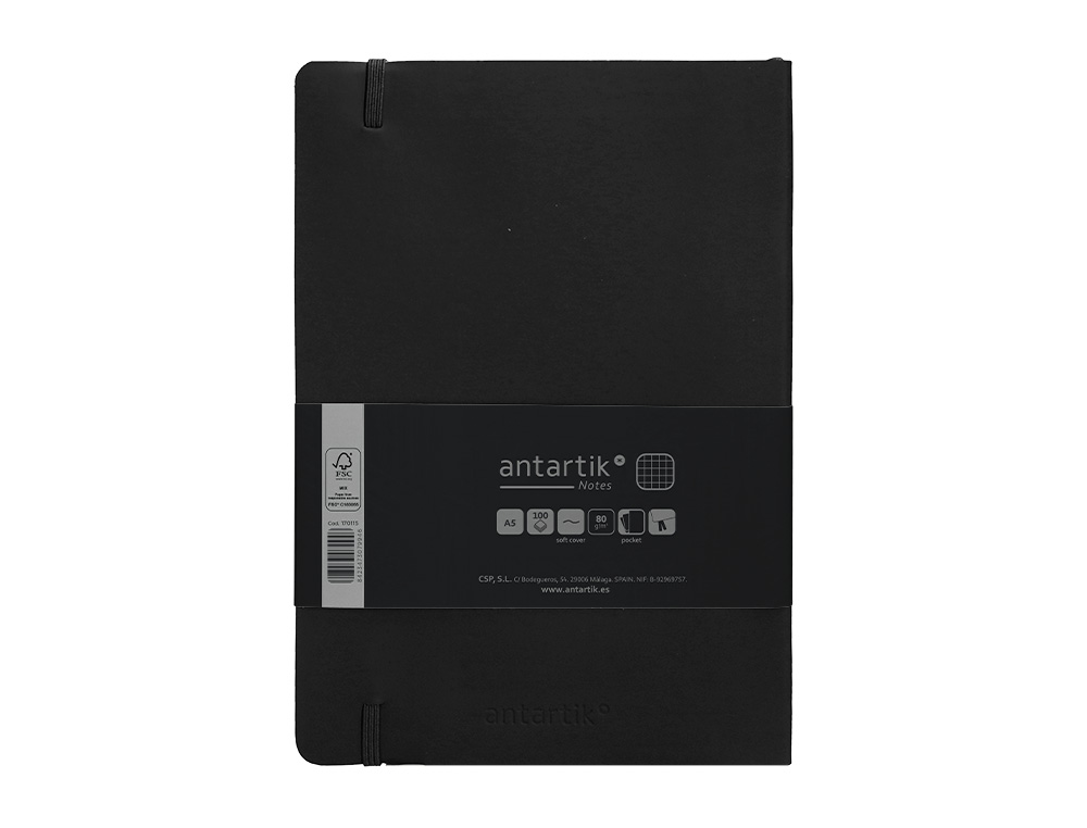 CUADERNO CON GOMILLA ANTARTIK NOTES TAPA BLANDA A5 HOJAS CUADRICULA NEGRO 80 HOJAS 80 GR FSC