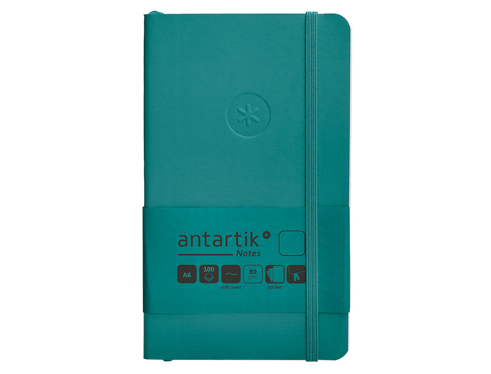 CUADERNO CON GOMILLA ANTARTIK NOTES TAPA BLANDA A6 HOJAS LISAS VERDE AGUAMARINA 100 HOJAS 80 GR FSC