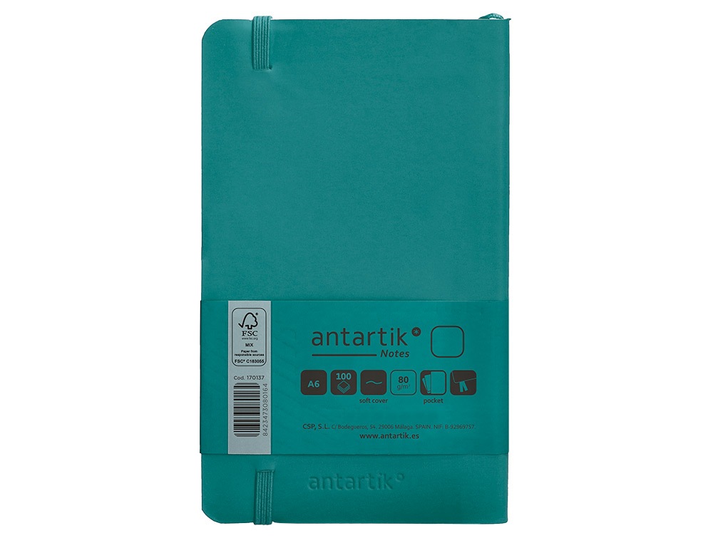 CUADERNO CON GOMILLA ANTARTIK NOTES TAPA BLANDA A6 HOJAS LISAS VERDE AGUAMARINA 100 HOJAS 80 GR FSC