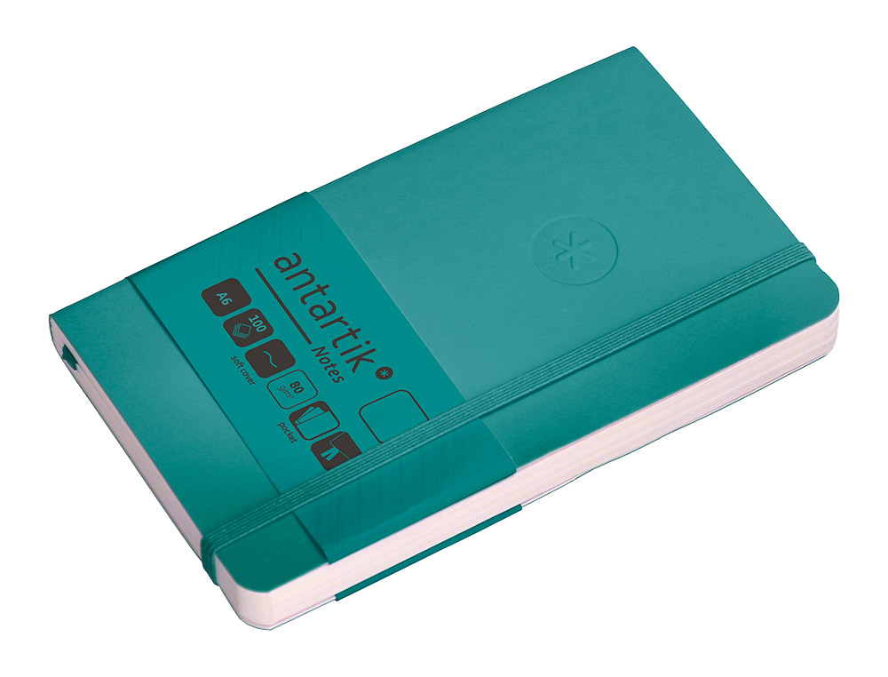 CUADERNO CON GOMILLA ANTARTIK NOTES TAPA BLANDA A6 HOJAS LISAS VERDE AGUAMARINA 100 HOJAS 80 GR FSC