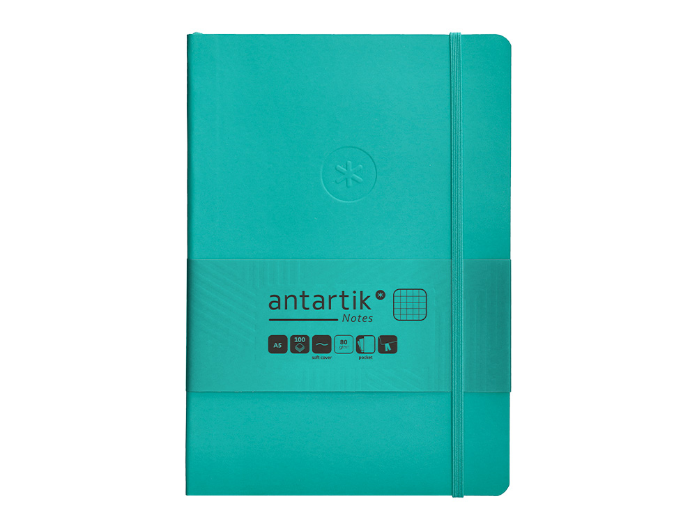 CUADERNO CON GOMILLA ANTARTIK NOTES TAPA BLANDA A5 HOJAS CUADRICULA TURQUESA 80 HOJAS 80 GR FSC