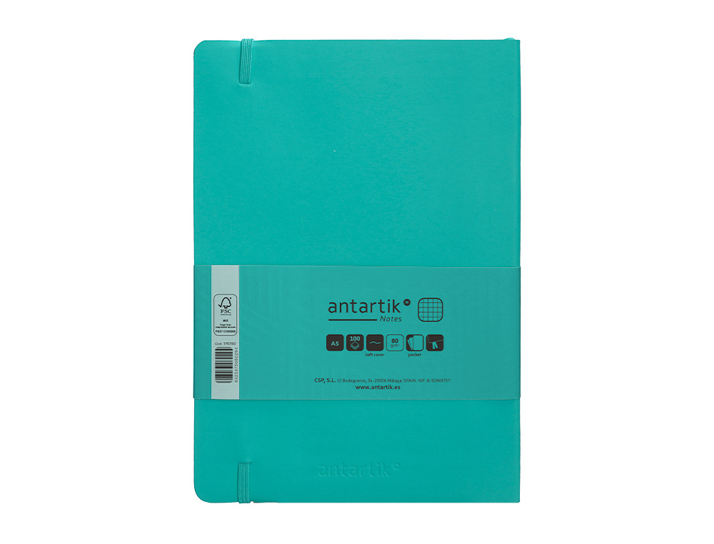 CUADERNO CON GOMILLA ANTARTIK NOTES TAPA BLANDA A5 HOJAS CUADRICULA TURQUESA 80 HOJAS 80 GR FSC