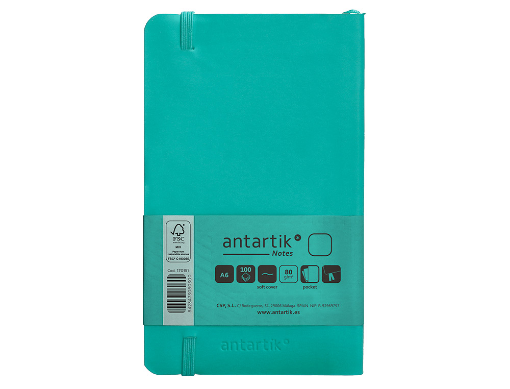 CUADERNO CON GOMILLA ANTARTIK NOTES TAPA BLANDA A6 HOJAS LISAS TURQUESA 100 HOJAS 80 GR FSC