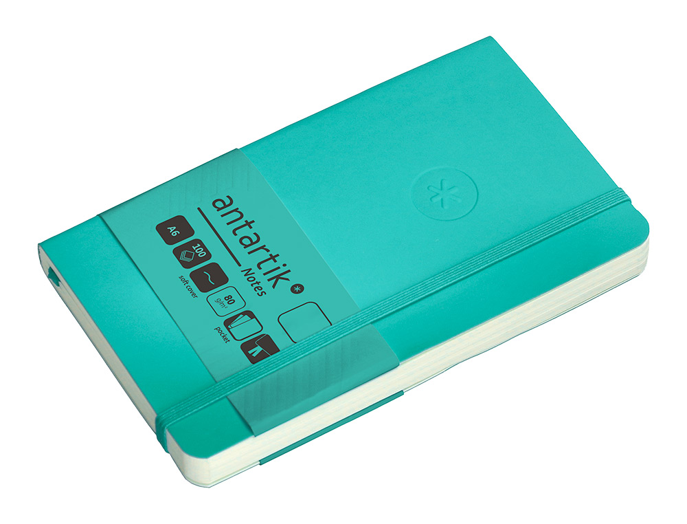 CUADERNO CON GOMILLA ANTARTIK NOTES TAPA BLANDA A6 HOJAS LISAS TURQUESA 100 HOJAS 80 GR FSC
