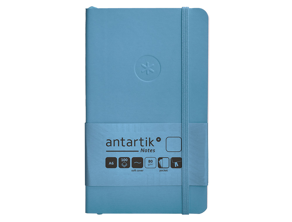 CUADERNO CON GOMILLA ANTARTIK NOTES TAPA BLANDA A6 HOJAS LISAS AZUL CLARO 100 HOJAS 80 GR FSC