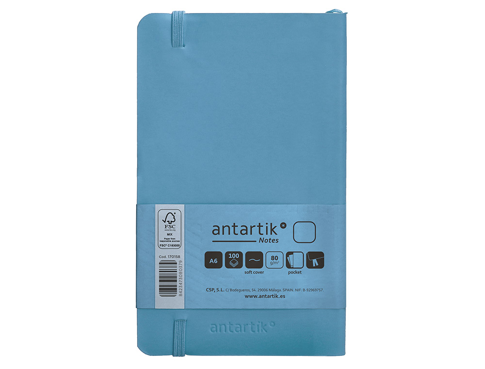 CUADERNO CON GOMILLA ANTARTIK NOTES TAPA BLANDA A6 HOJAS LISAS AZUL CLARO 100 HOJAS 80 GR FSC