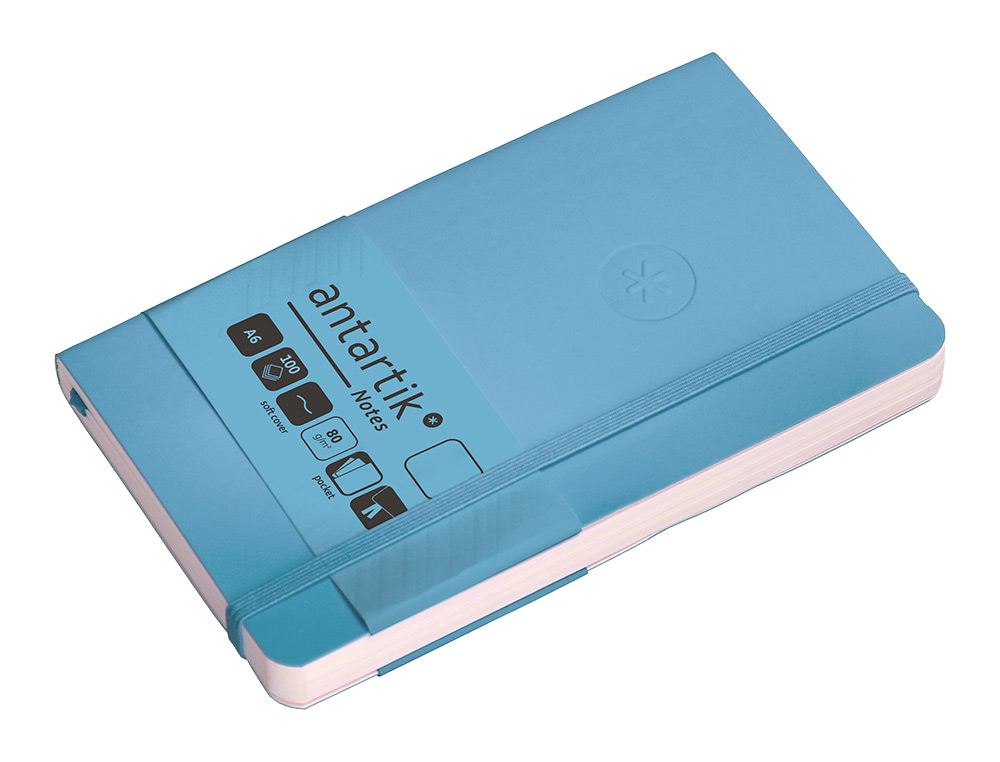 CUADERNO CON GOMILLA ANTARTIK NOTES TAPA BLANDA A6 HOJAS LISAS AZUL CLARO 100 HOJAS 80 GR FSC