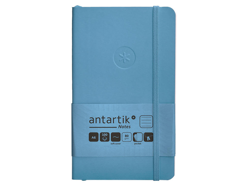 CUADERNO CON GOMILLA ANTARTIK NOTES TAPA BLANDA A6 RAYAS AZUL CLARO 100 HOJAS 80 GR FSC