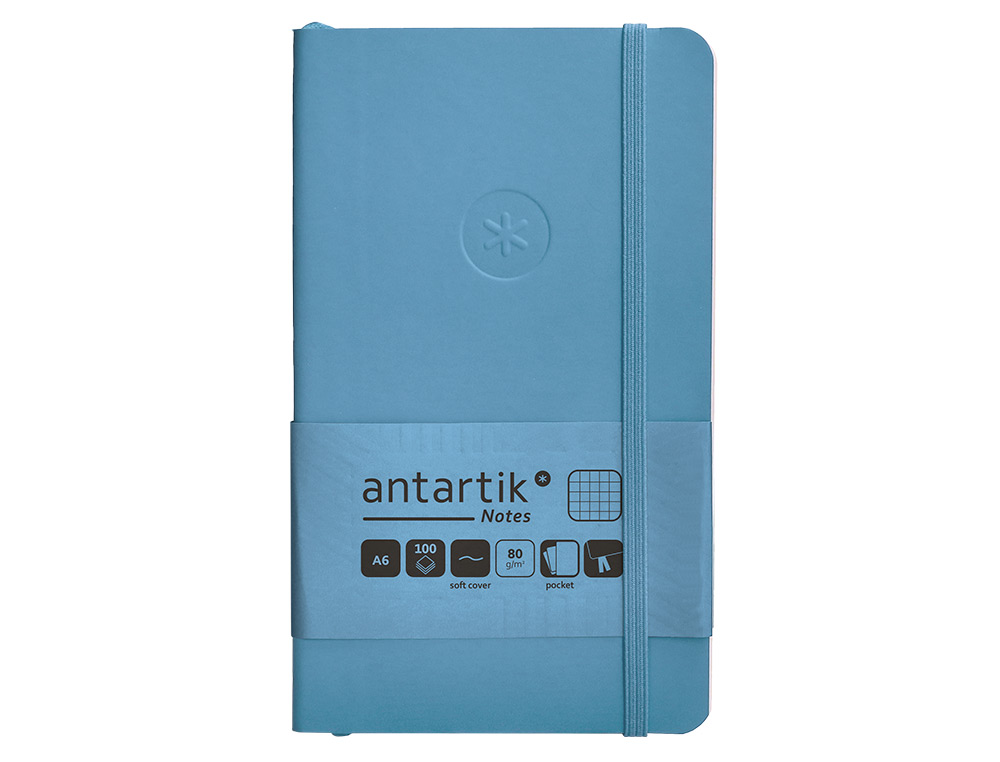 CUADERNO CON GOMILLA ANTARTIK NOTES TAPA BLANDA A6 CUADRICULA AZUL CLARO 100 HOJAS 80 GR FSC