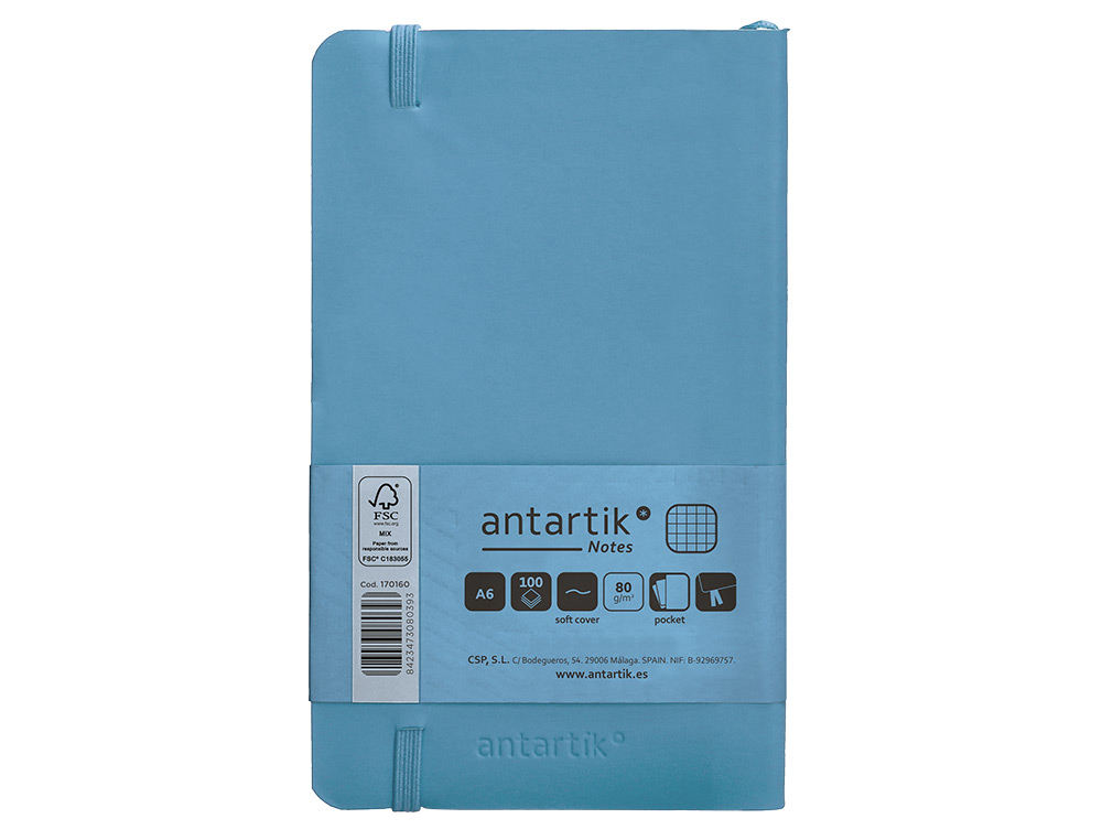 CUADERNO CON GOMILLA ANTARTIK NOTES TAPA BLANDA A6 CUADRICULA AZUL CLARO 100 HOJAS 80 GR FSC
