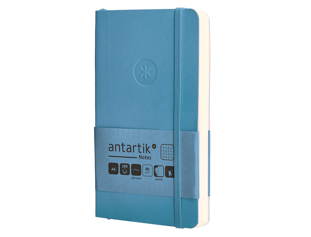CUADERNO CON GOMILLA ANTARTIK NOTES TAPA BLANDA A6 CUADRICULA AZUL CLARO 100 HOJAS 80 GR FSC