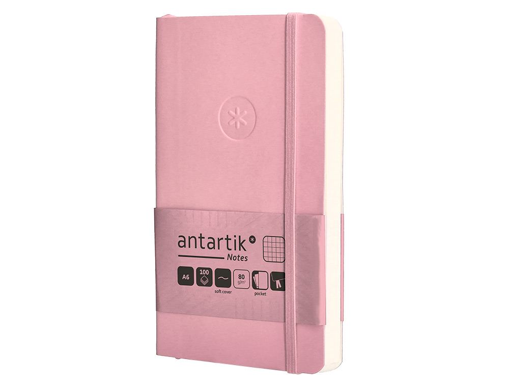 CUADERNO CON GOMILLA ANTARTIK NOTES TAPA BLANDA A6 CUADRICULA ROSA PASTEL 100 HOJAS 80 GR FSC