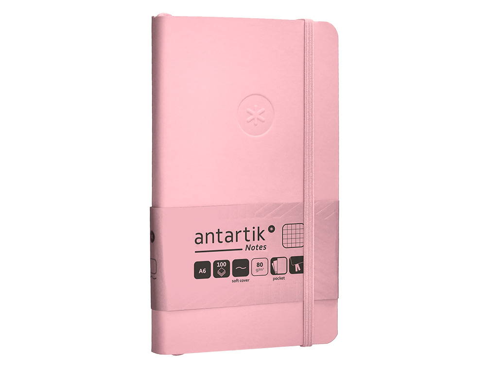 CUADERNO CON GOMILLA ANTARTIK NOTES TAPA BLANDA A6 CUADRICULA ROSA PASTEL 100 HOJAS 80 GR FSC