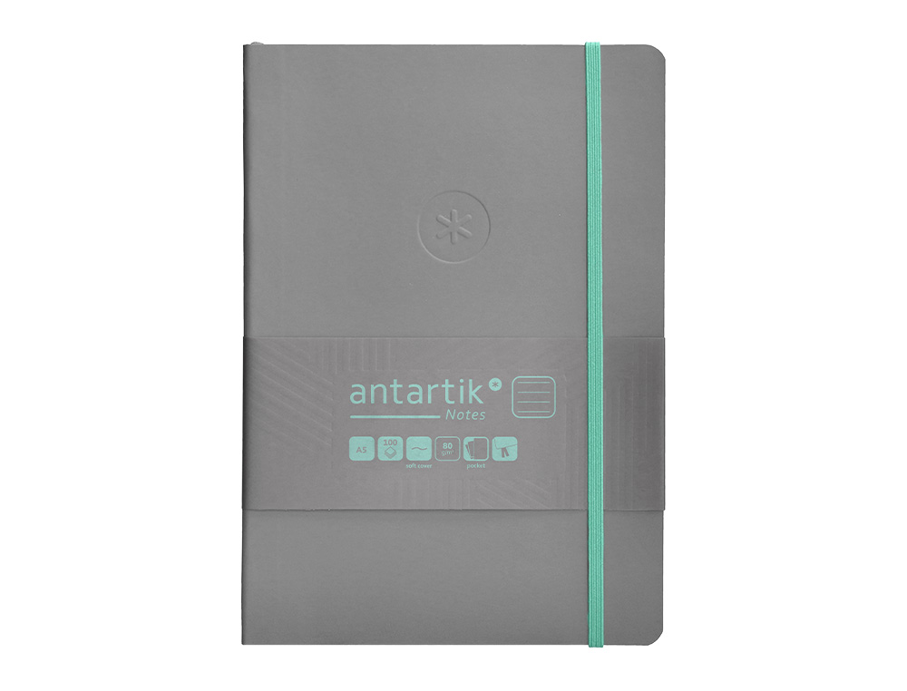 CUADERNO CON GOMILLA ANTARTIK NOTES TAPA BLANDA A5 HOJAS RAYAS GRIS Y TURQUESA 80 HOJAS 80 GR FSC