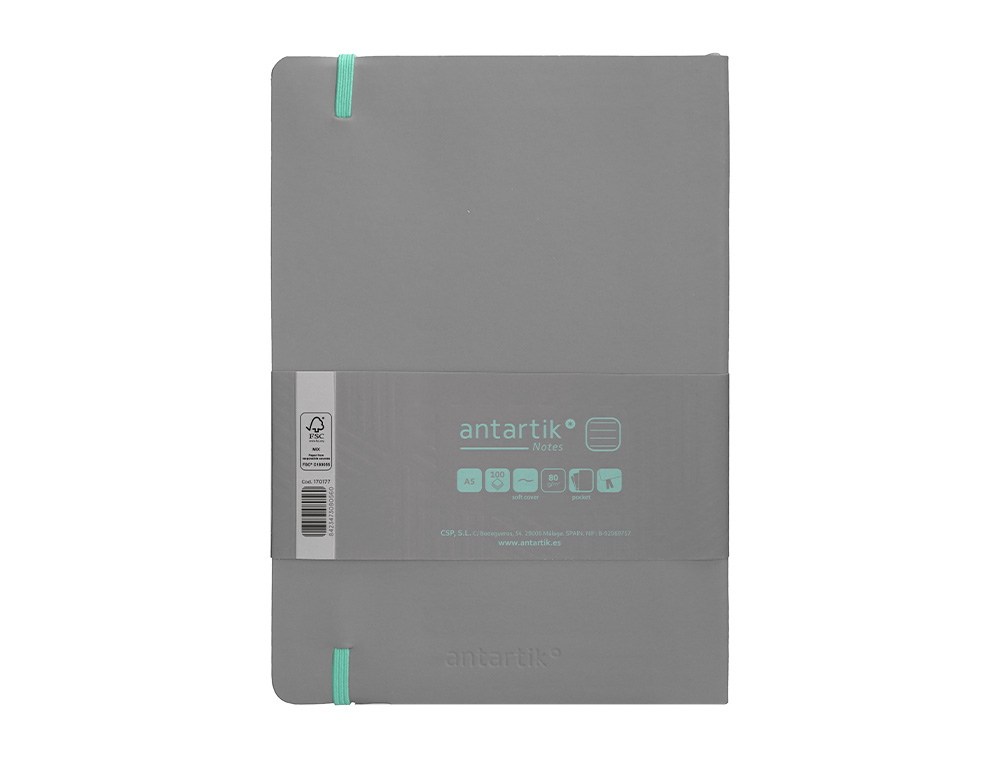 CUADERNO CON GOMILLA ANTARTIK NOTES TAPA BLANDA A5 HOJAS RAYAS GRIS Y TURQUESA 80 HOJAS 80 GR FSC