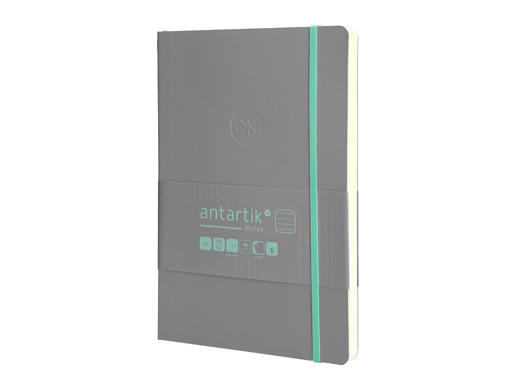 CUADERNO CON GOMILLA ANTARTIK NOTES TAPA BLANDA A5 HOJAS RAYAS GRIS Y TURQUESA 80 HOJAS 80 GR FSC