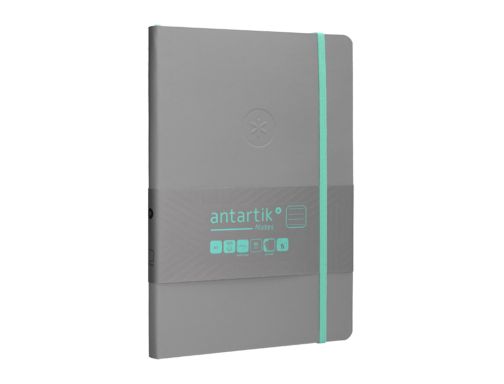 CUADERNO CON GOMILLA ANTARTIK NOTES TAPA BLANDA A5 HOJAS RAYAS GRIS Y TURQUESA 80 HOJAS 80 GR FSC