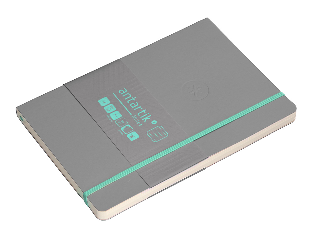 CUADERNO CON GOMILLA ANTARTIK NOTES TAPA BLANDA A5 HOJAS RAYAS GRIS Y TURQUESA 80 HOJAS 80 GR FSC