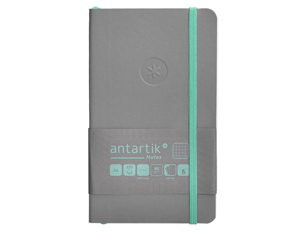CUADERNO CON GOMILLA ANTARTIK NOTES TAPA BLANDA A6 CUADRICULA GRIS Y TURQUESA 100 HOJAS 80 GR FSC
