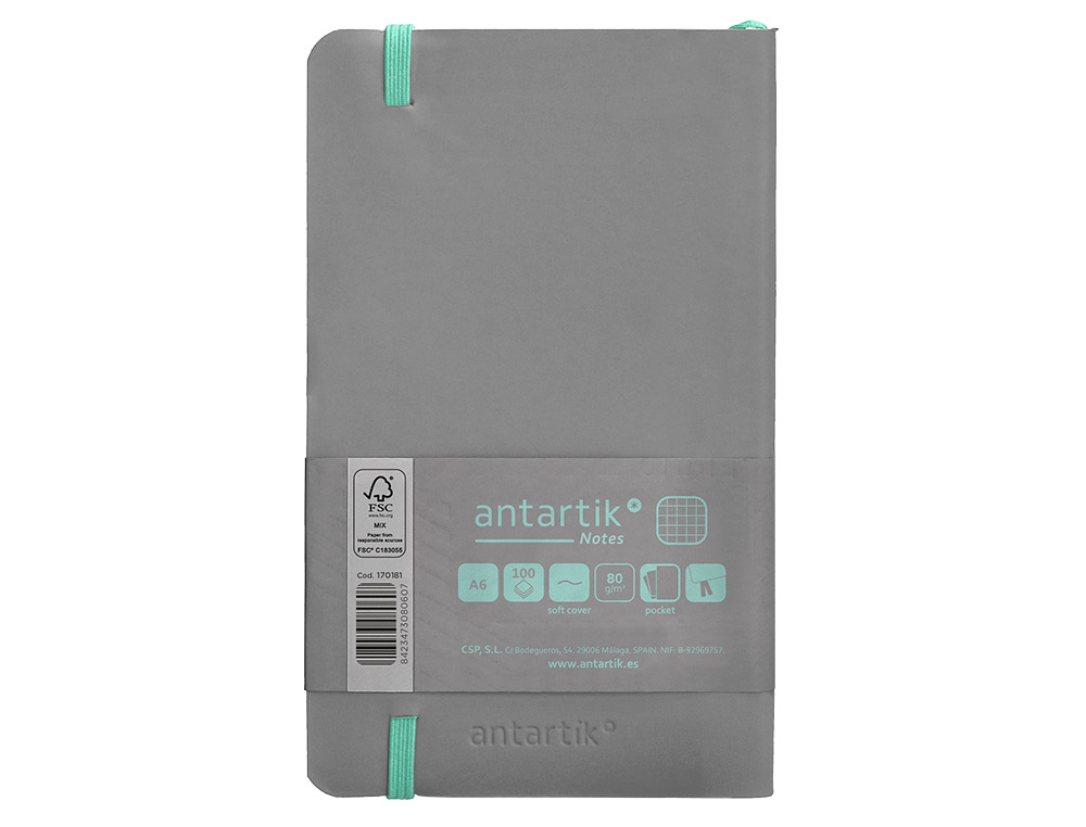 CUADERNO CON GOMILLA ANTARTIK NOTES TAPA BLANDA A6 CUADRICULA GRIS Y TURQUESA 100 HOJAS 80 GR FSC