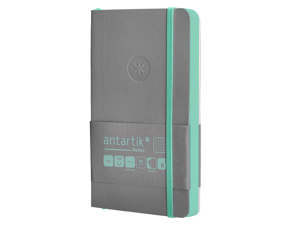 CUADERNO CON GOMILLA ANTARTIK NOTES TAPA BLANDA A6 CUADRICULA GRIS Y TURQUESA 100 HOJAS 80 GR FSC