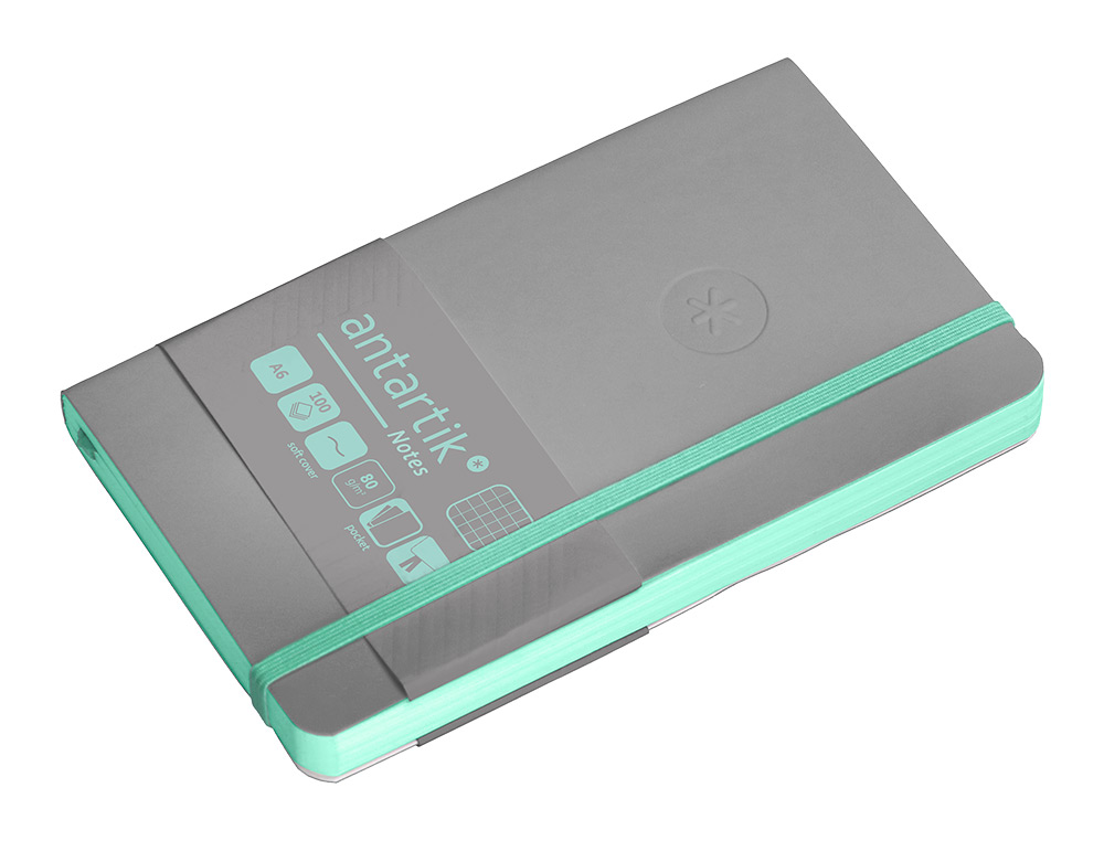 CUADERNO CON GOMILLA ANTARTIK NOTES TAPA BLANDA A6 CUADRICULA GRIS Y TURQUESA 100 HOJAS 80 GR FSC