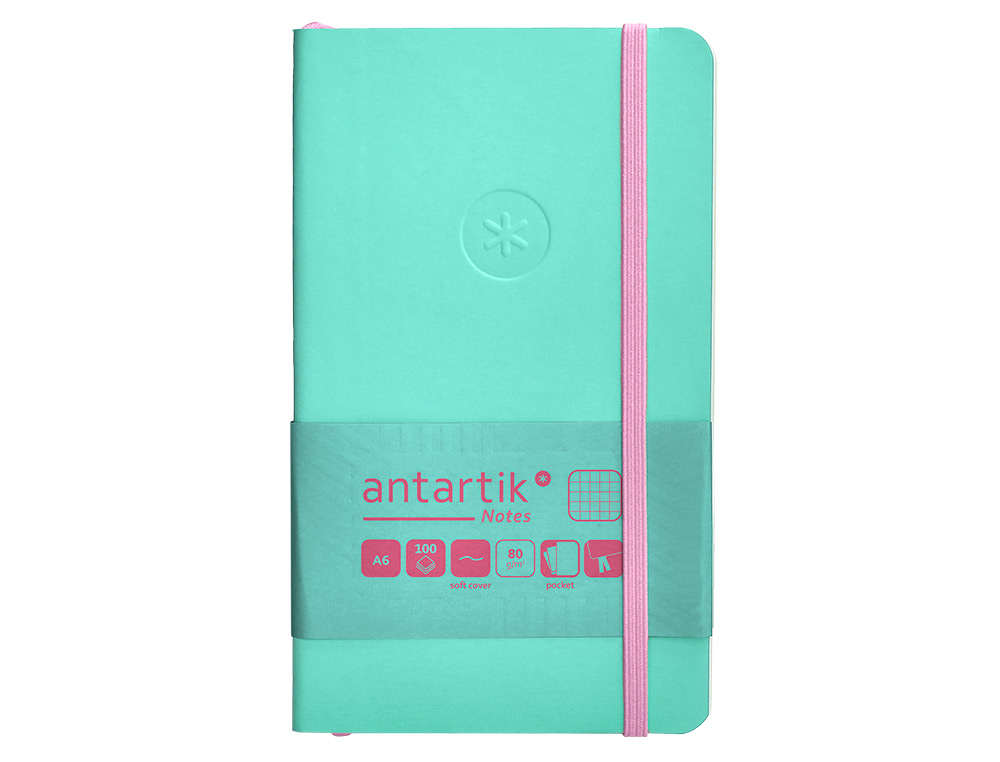 CUADERNO CON GOMILLA ANTARTIK NOTES TAPA BLANDA A6 CUADRICULA ROSA Y TURQUESA 100 HOJAS 80 GR FSC