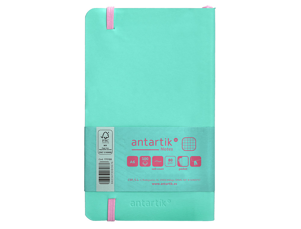 CUADERNO CON GOMILLA ANTARTIK NOTES TAPA BLANDA A6 CUADRICULA ROSA Y TURQUESA 100 HOJAS 80 GR FSC