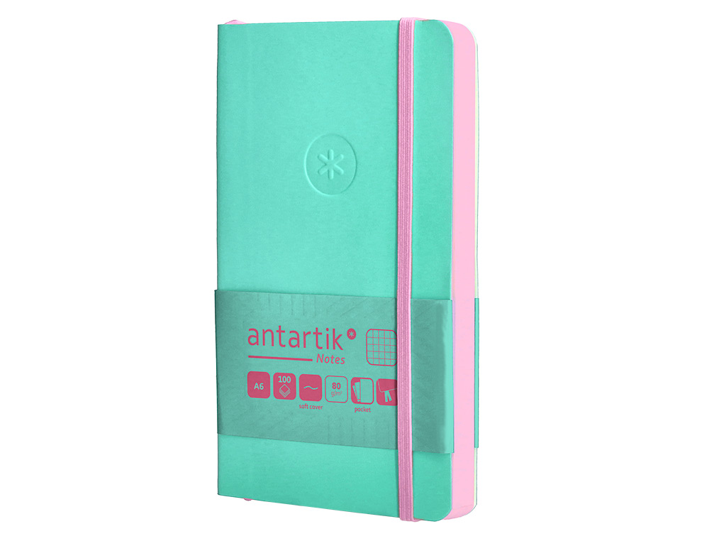 CUADERNO CON GOMILLA ANTARTIK NOTES TAPA BLANDA A6 CUADRICULA ROSA Y TURQUESA 100 HOJAS 80 GR FSC