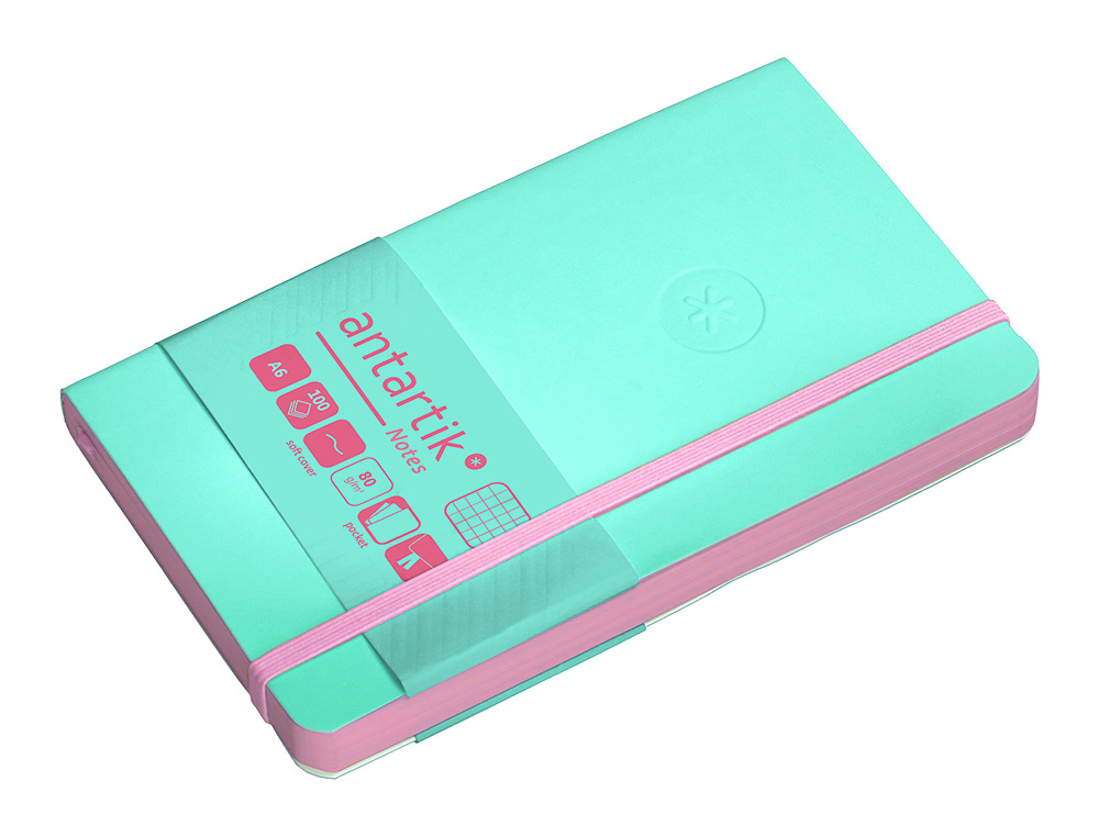 CUADERNO CON GOMILLA ANTARTIK NOTES TAPA BLANDA A6 CUADRICULA ROSA Y TURQUESA 100 HOJAS 80 GR FSC