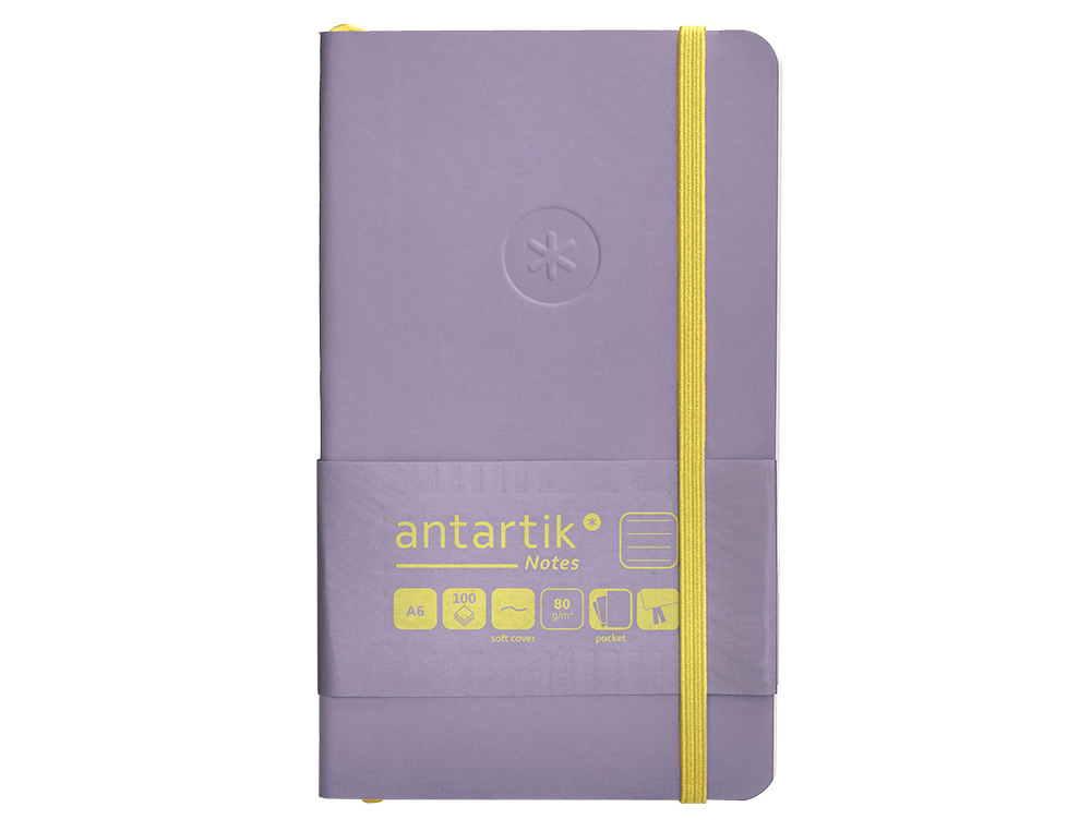 CUADERNO CON GOMILLA ANTARTIK NOTES TAPA BLANDA A6 RAYAS MORADO Y AMARILLO 100 HOJAS 80 GR FSC