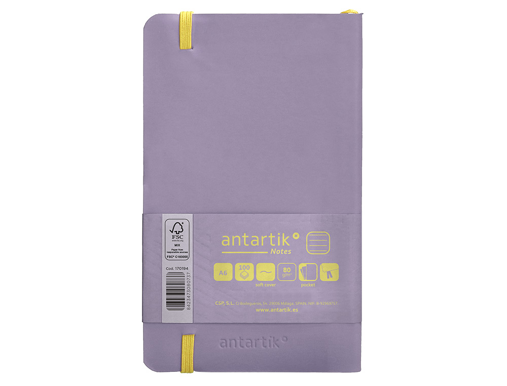 CUADERNO CON GOMILLA ANTARTIK NOTES TAPA BLANDA A6 RAYAS MORADO Y AMARILLO 100 HOJAS 80 GR FSC