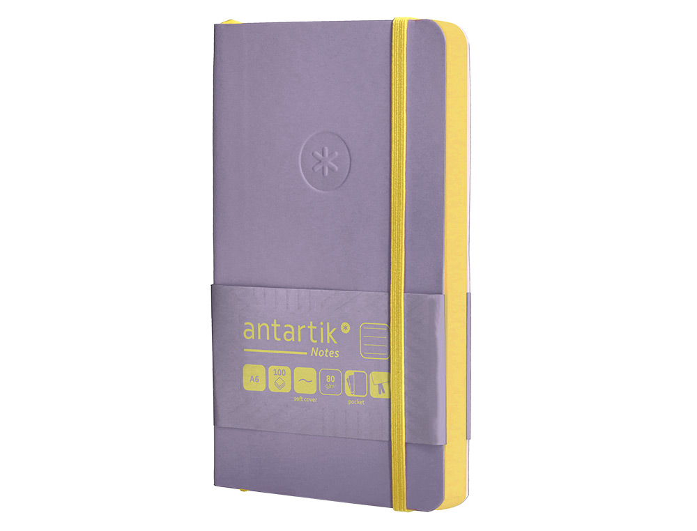 CUADERNO CON GOMILLA ANTARTIK NOTES TAPA BLANDA A6 RAYAS MORADO Y AMARILLO 100 HOJAS 80 GR FSC