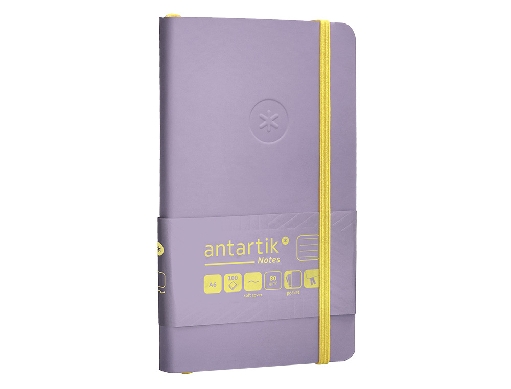 CUADERNO CON GOMILLA ANTARTIK NOTES TAPA BLANDA A6 RAYAS MORADO Y AMARILLO 100 HOJAS 80 GR FSC