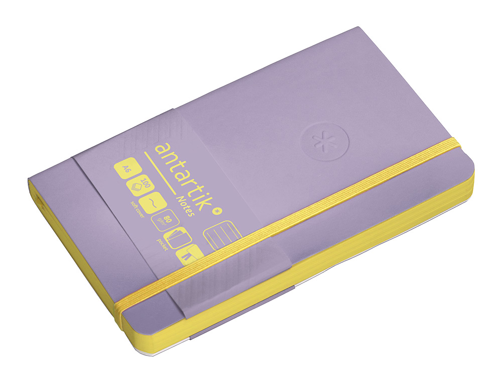 CUADERNO CON GOMILLA ANTARTIK NOTES TAPA BLANDA A6 RAYAS MORADO Y AMARILLO 100 HOJAS 80 GR FSC