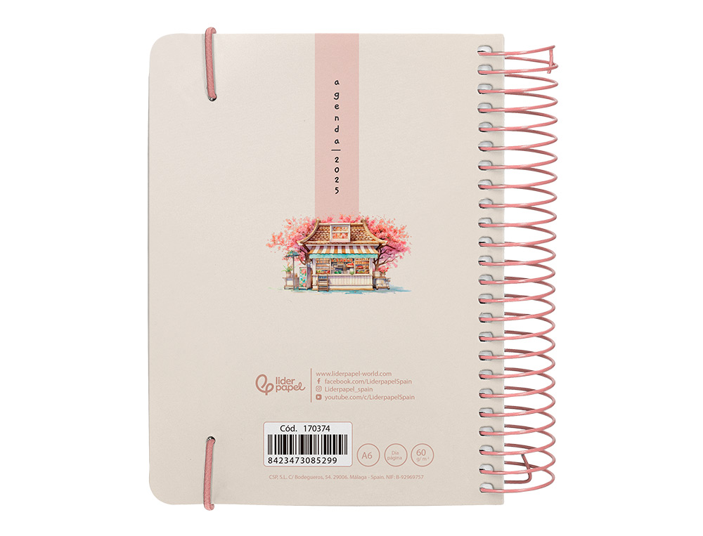 AGENDA ESPIRAL LIDERPAPEL SANTORINI A6 2025 DIA PAGINA CHERRY BLOSSOMS PAPEL 60 GR