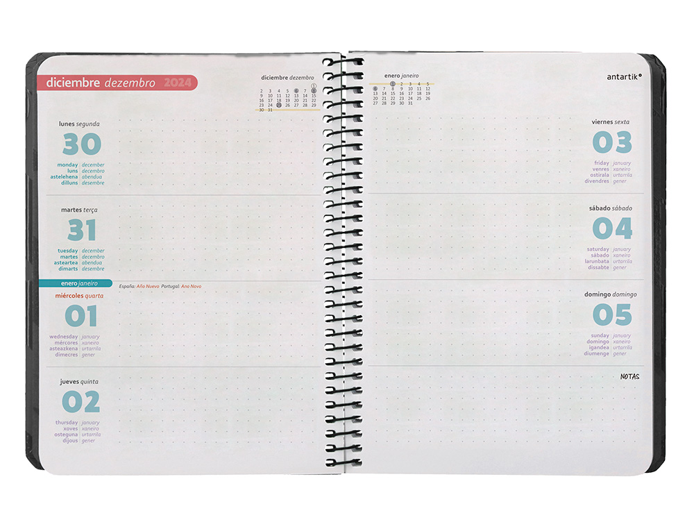 AGENDA ESPIRAL ANTARTIK PATTERN A6+ 2025 SEMANA VISTA COLOR NEGRO PAPEL 80 GR