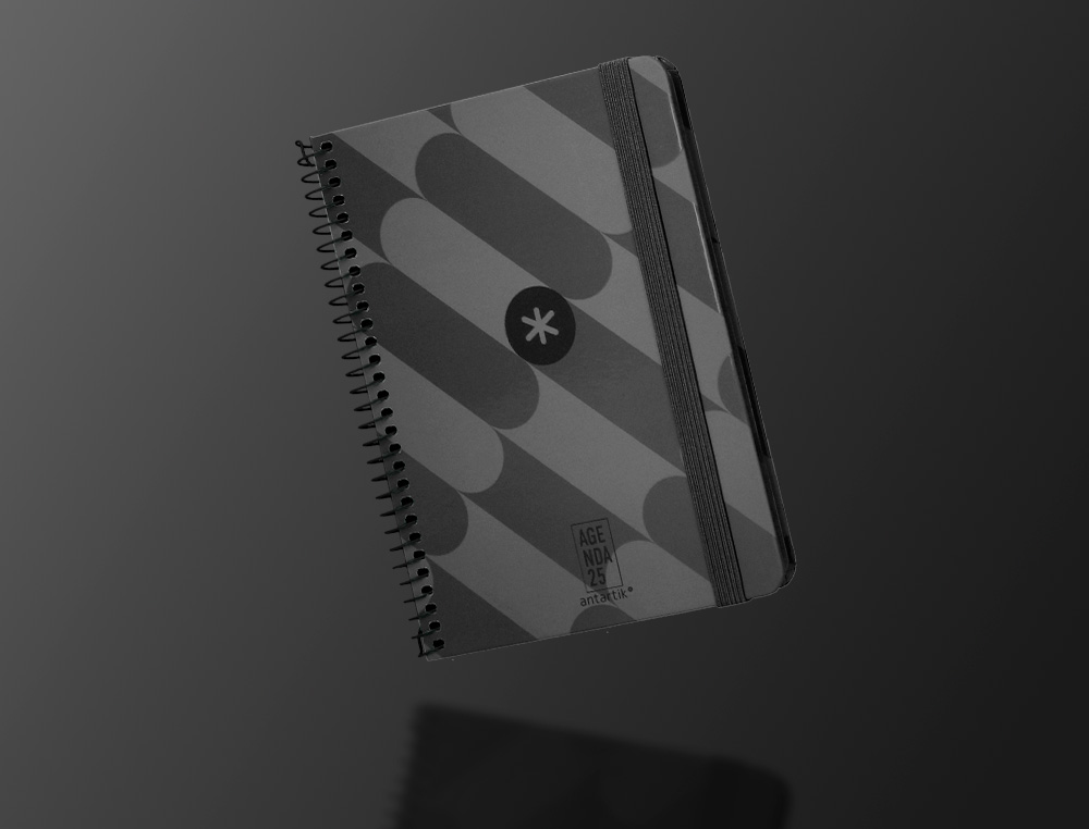 AGENDA ESPIRAL ANTARTIK PATTERN A6+ 2025 SEMANA VISTA COLOR NEGRO PAPEL 80 GR